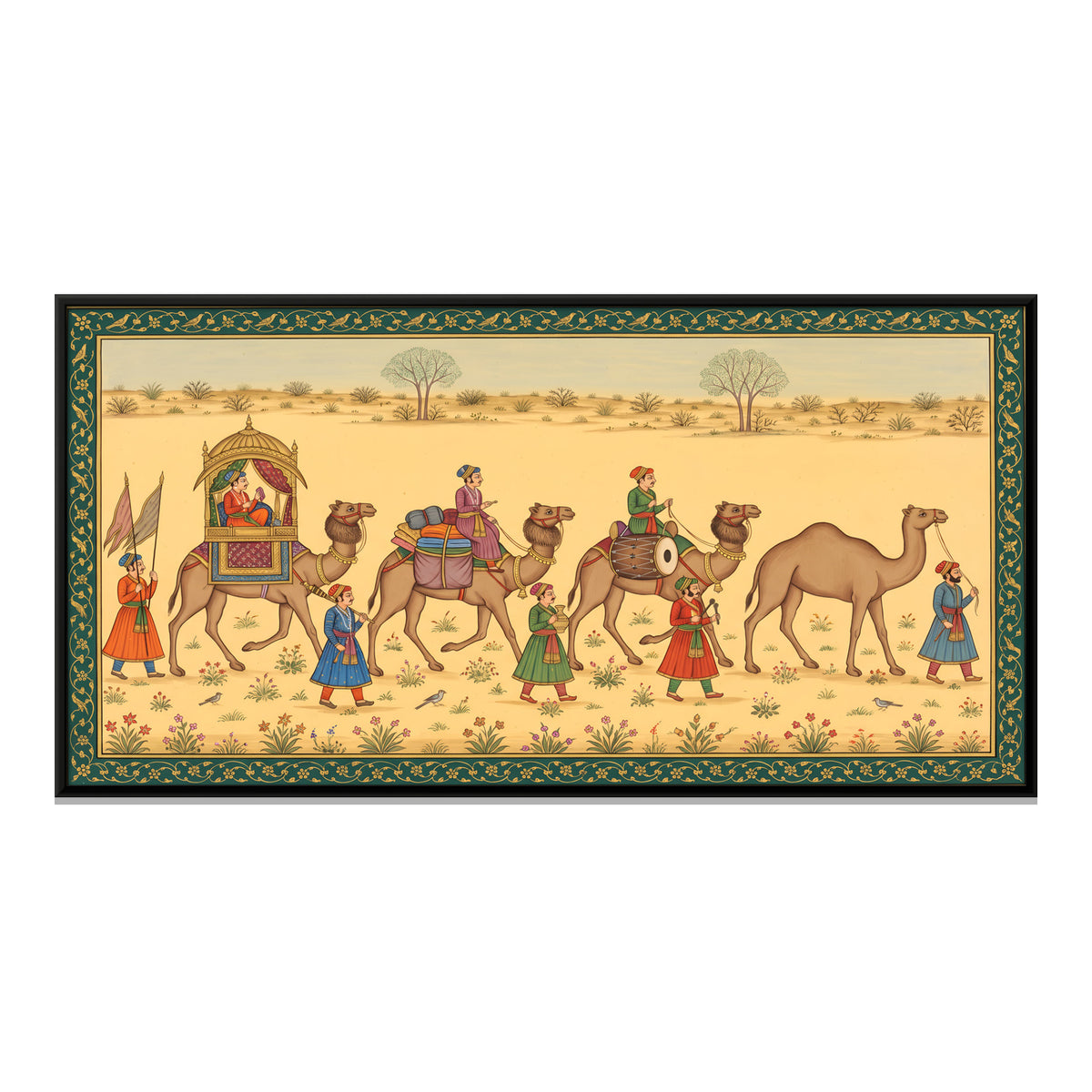 Camel Caravan in the Desert - framed canvas print, front view