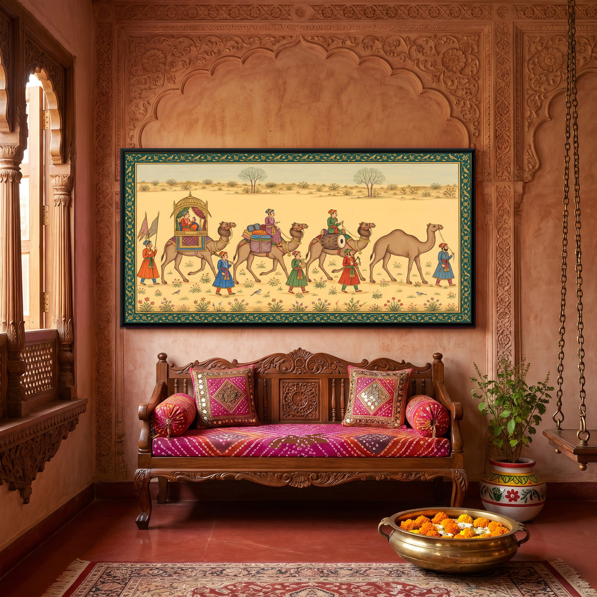 Camel Caravan in the Desert - canvas art shown in a styled room
