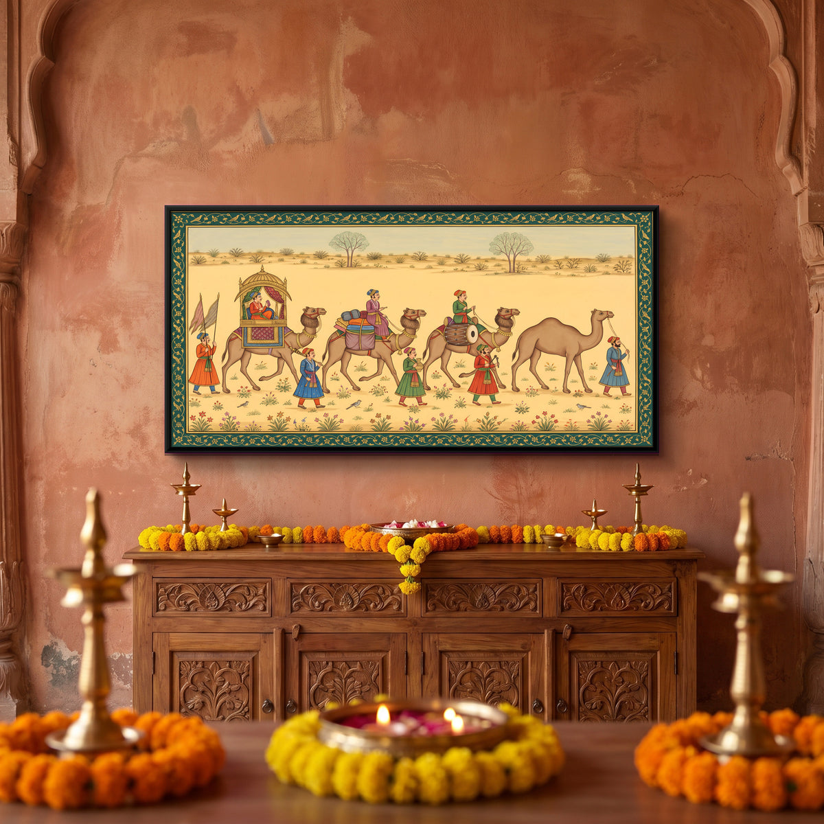Camel Caravan in the Desert - canvas art shown in a second room setting