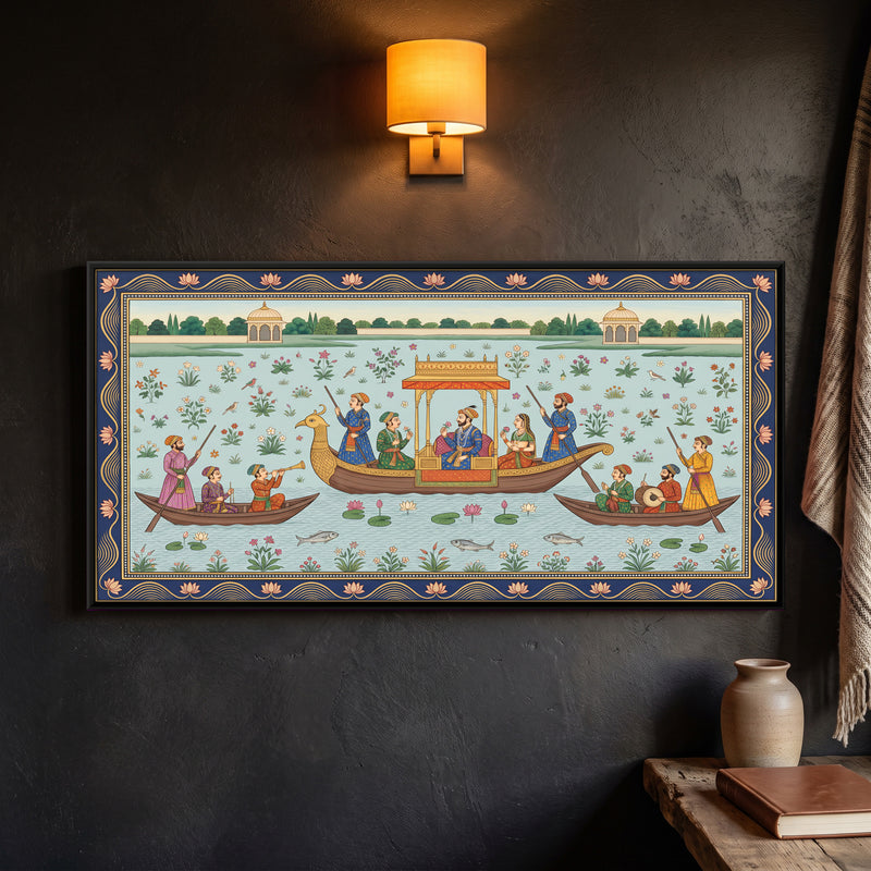 Royal Barge on a Lotus Lake - framed canvas art hung on a wall