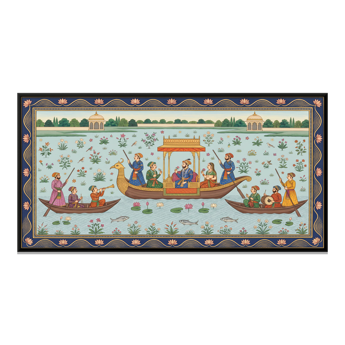 Royal Barge on a Lotus Lake - framed canvas print, front view