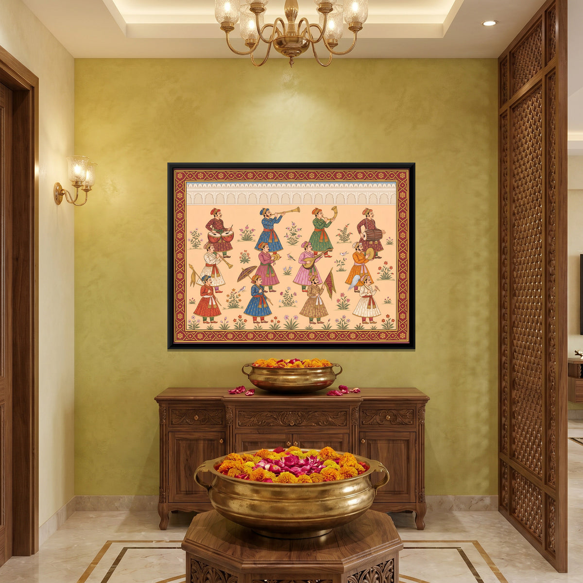 Court Musicians and Attendants - canvas art shown in a second room setting
