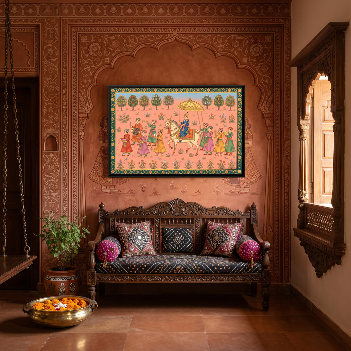 Royal Procession on Horseback - canvas art shown in a second room setting