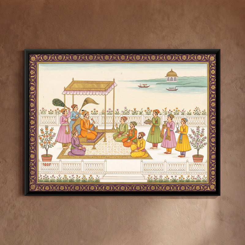Royal Court on a Terrace - framed canvas art hung on a wall