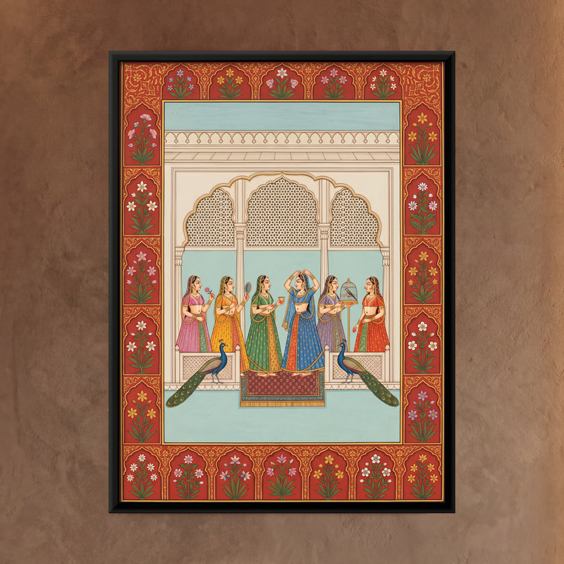 Court Ladies with Peacocks - framed canvas art hung on a wall