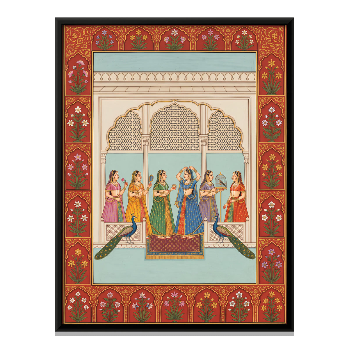 Court Ladies with Peacocks - framed canvas print, front view