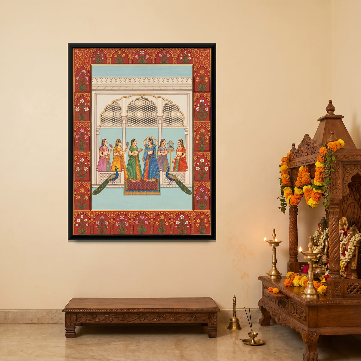 Court Ladies with Peacocks - canvas art shown in a styled room
