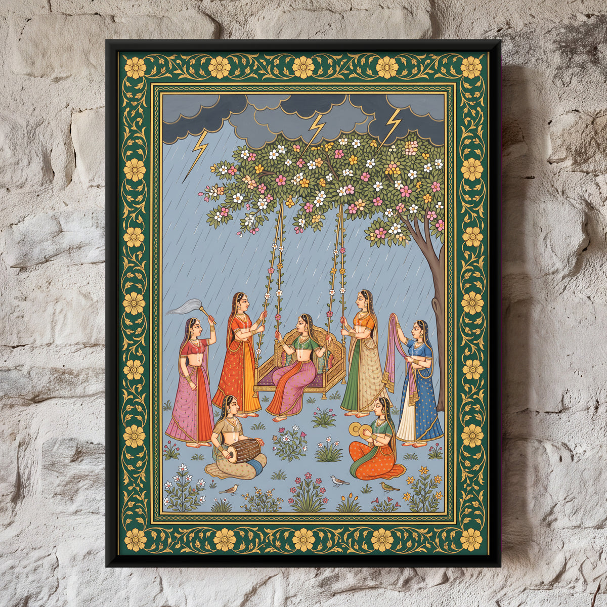 Lady on a Swing in the Monsoon - framed canvas art hung on a wall
