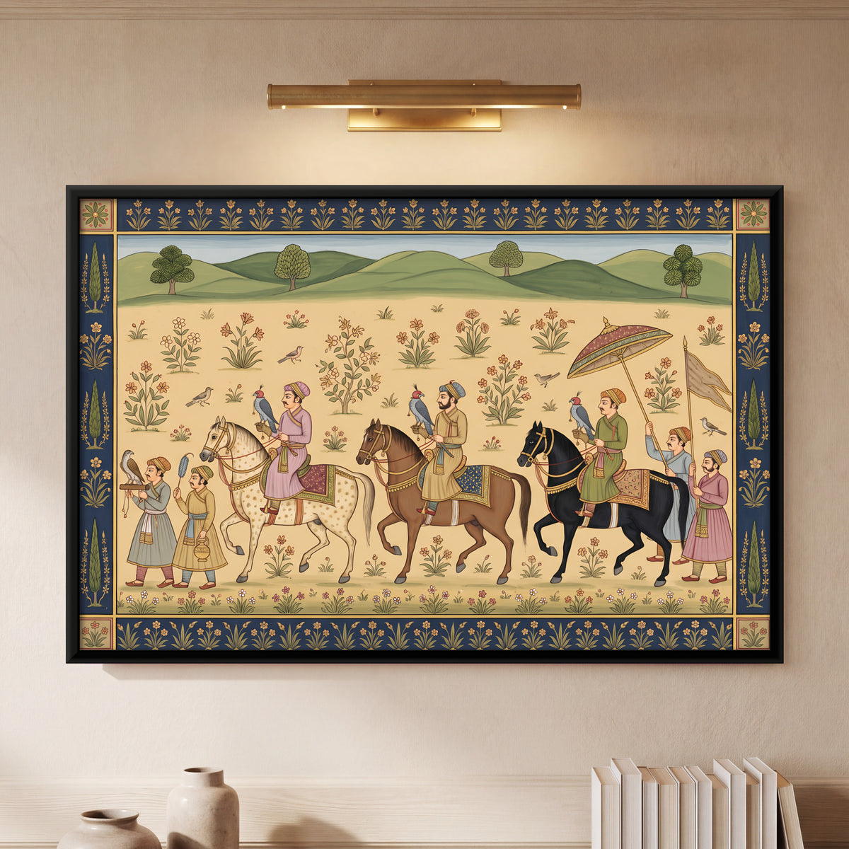 Royal Falconry Party on Horseback - framed canvas art hung on a wall