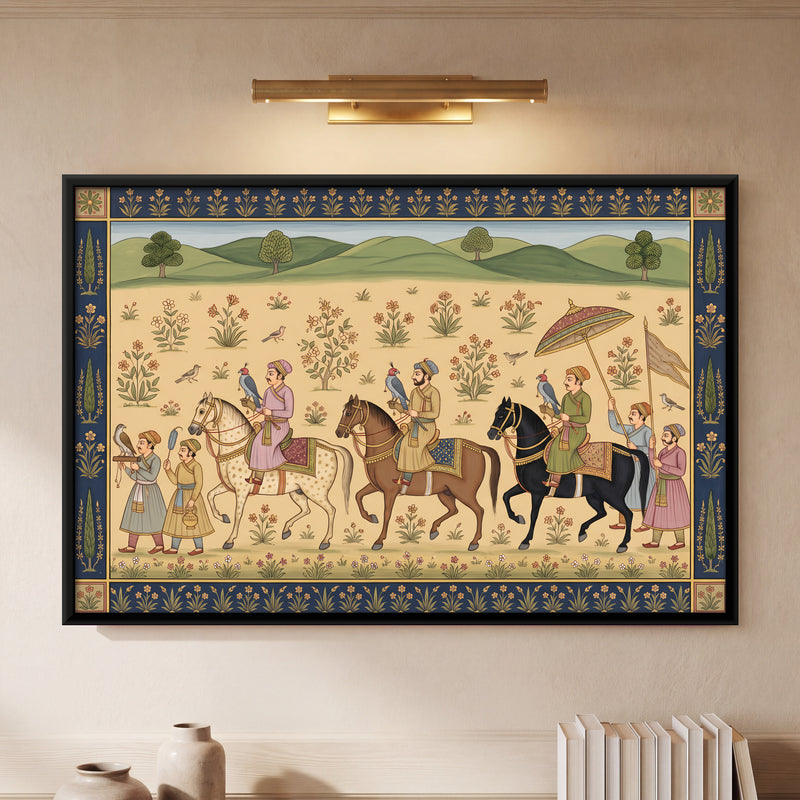 Royal Falconry Party on Horseback - framed canvas art hung on a wall