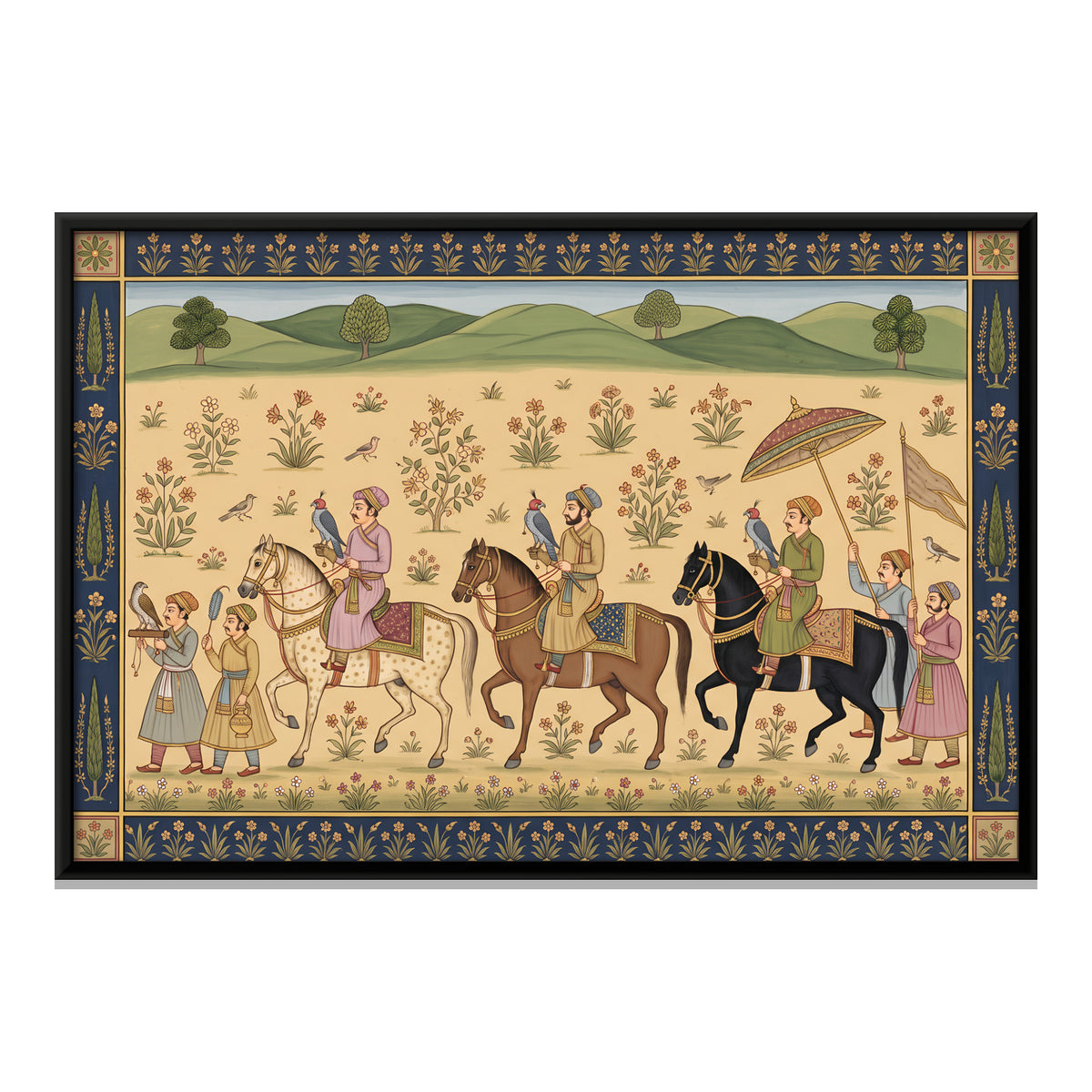 Royal Falconry Party on Horseback - framed canvas print, front view