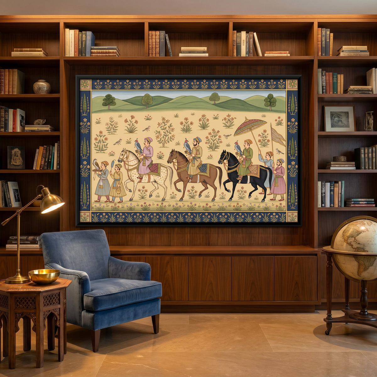 Royal Falconry Party on Horseback - canvas art shown in a second room setting