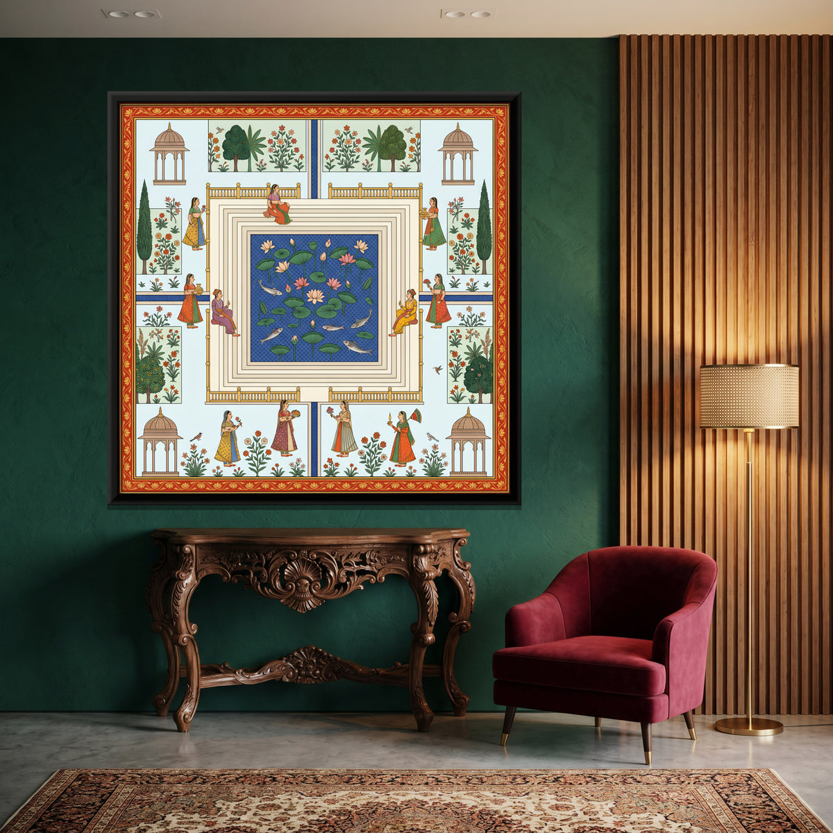 Lotus Pool in a Garden Court - canvas art shown in a second room setting
