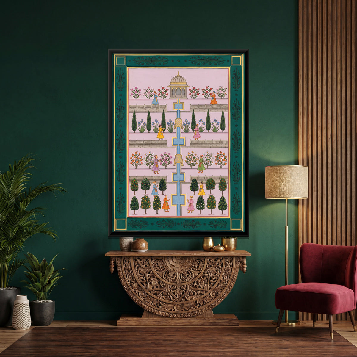 Terraced Garden with Water Channel - canvas art shown in a styled room