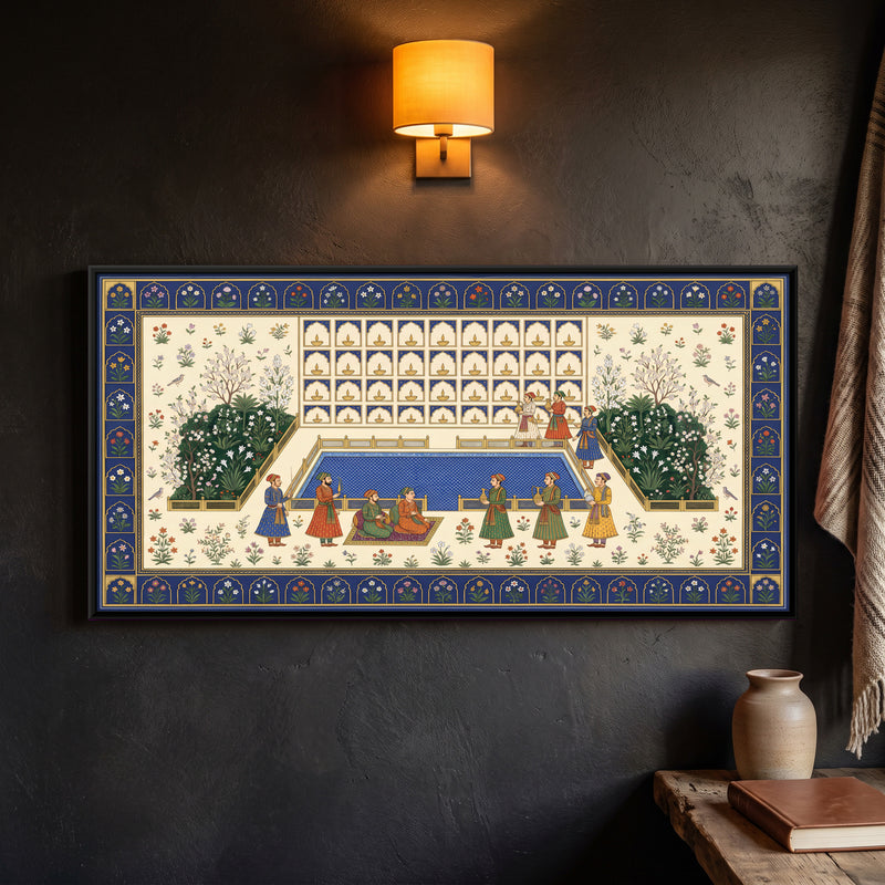 Garden Pool with Lamp Niches - framed canvas art hung on a wall