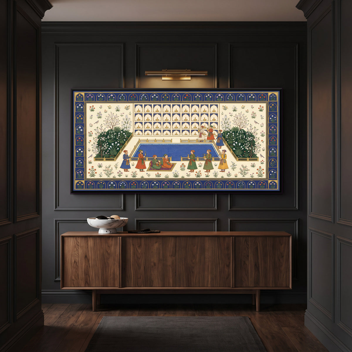 Garden Pool with Lamp Niches - canvas art shown in a styled room