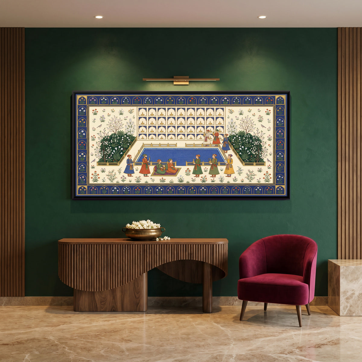 Garden Pool with Lamp Niches - canvas art shown in a second room setting