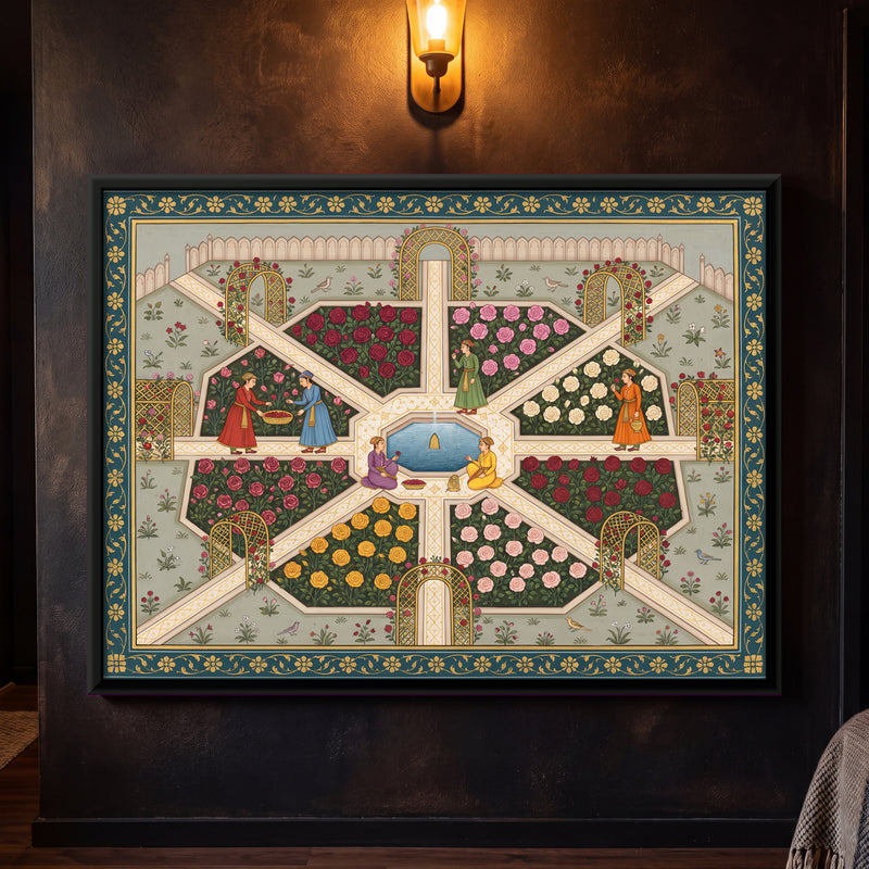 Rose Garden with Fountain - framed canvas art hung on a wall