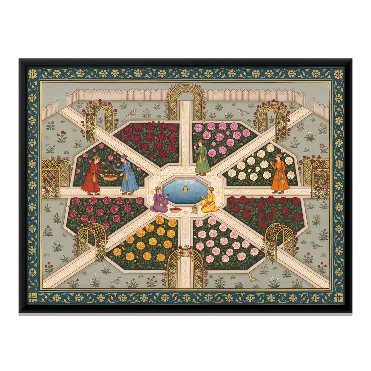 Rose Garden with Fountain - framed canvas print, front view