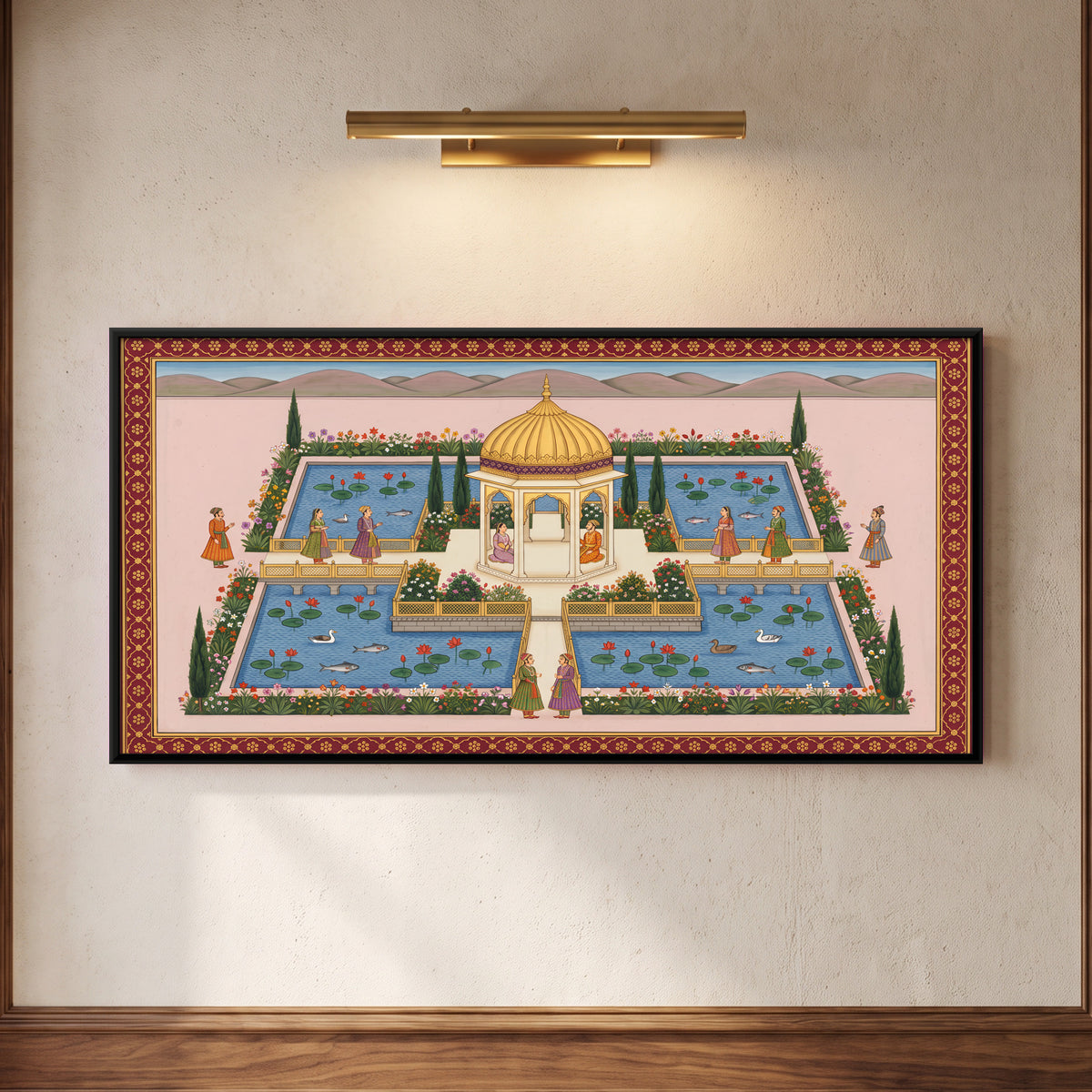 Pavilion Among Lotus Pools - framed canvas art hung on a wall