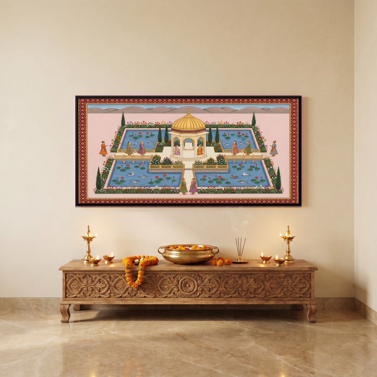 Pavilion Among Lotus Pools - canvas art shown in a styled room