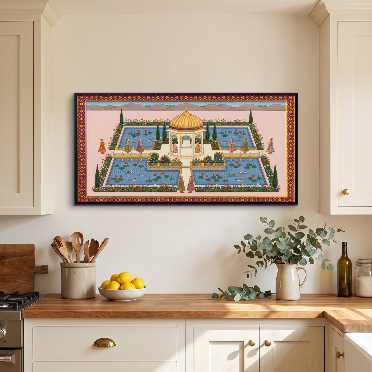 Pavilion Among Lotus Pools - canvas art shown in a second room setting