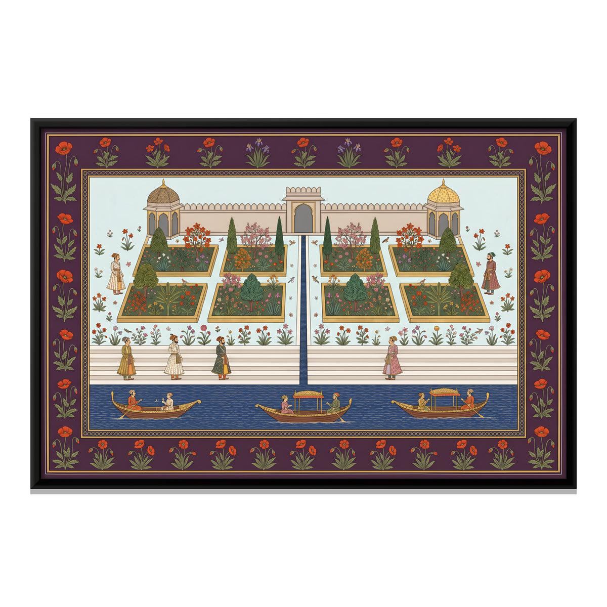 Riverfront Garden with Boats - framed canvas print, front view