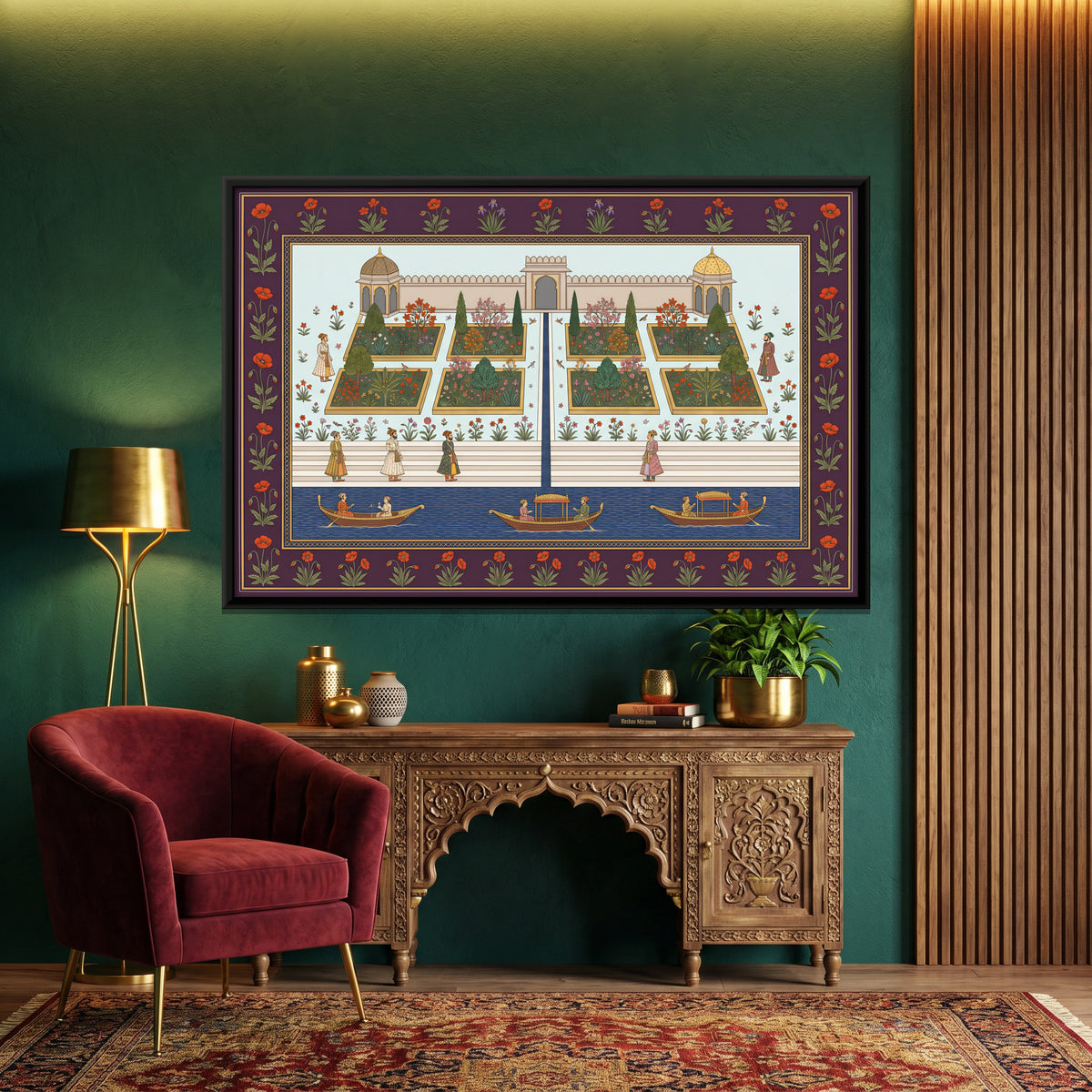 Riverfront Garden with Boats - canvas art shown in a styled room