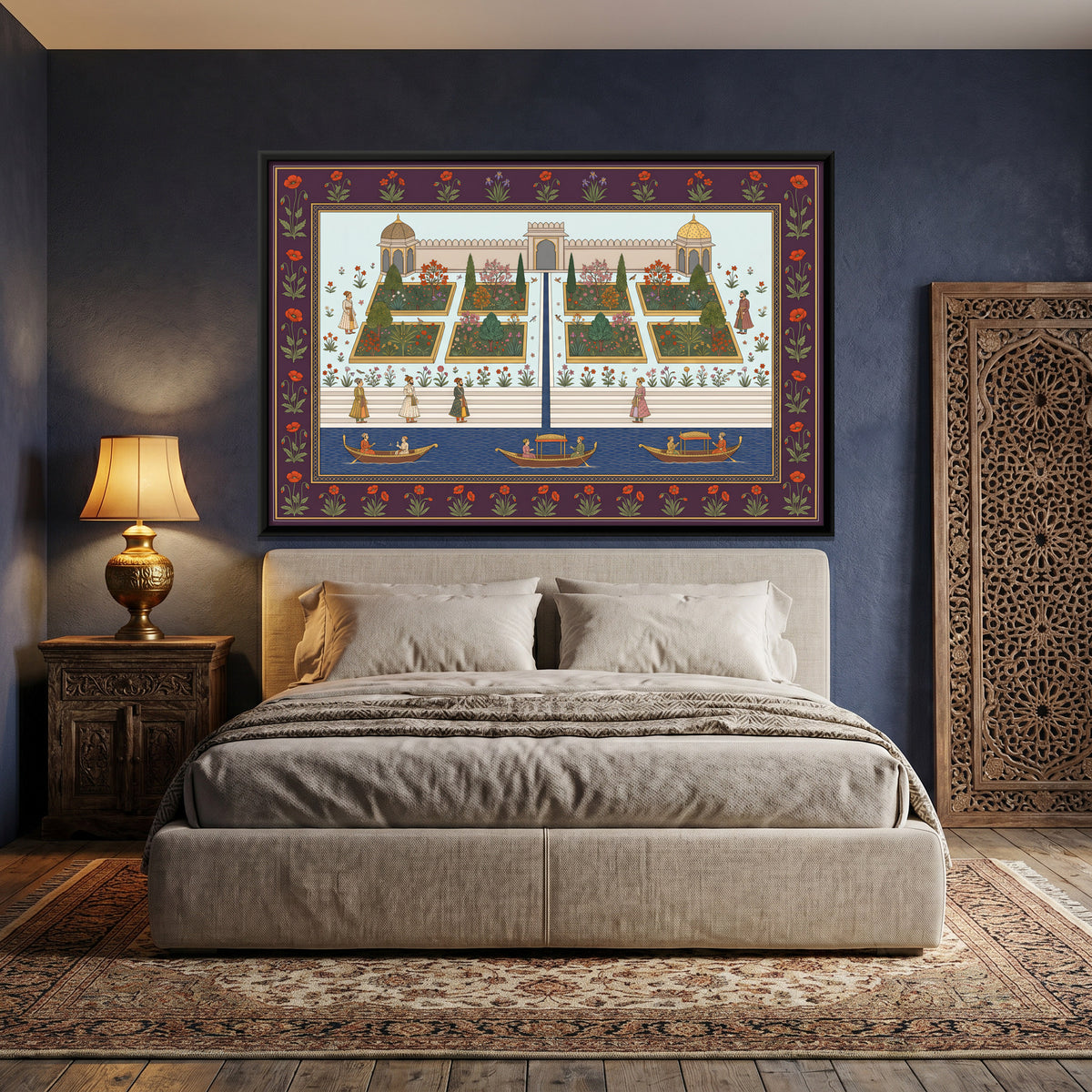 Riverfront Garden with Boats - canvas art shown in a second room setting