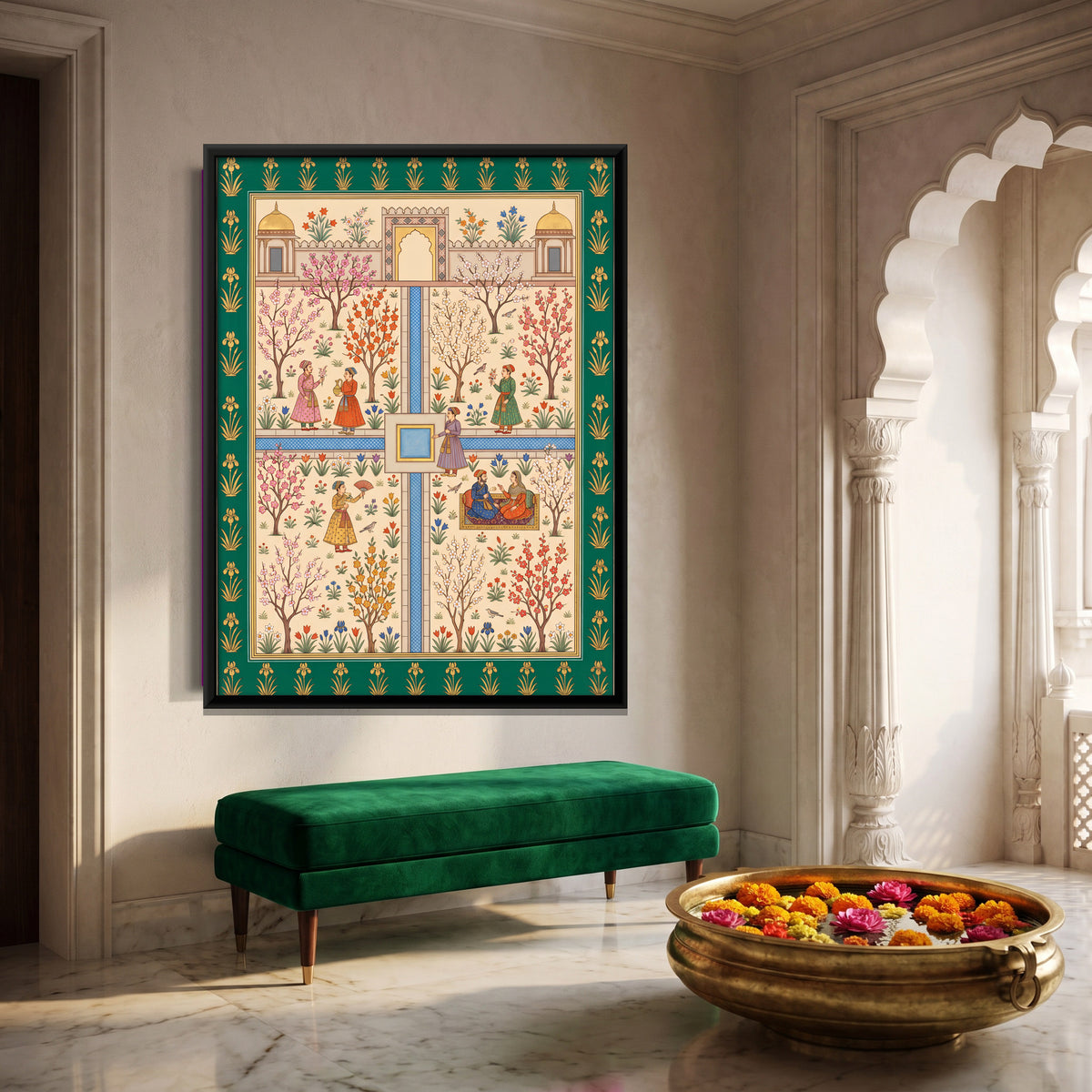 Walled Garden in Blossom - canvas art shown in a styled room