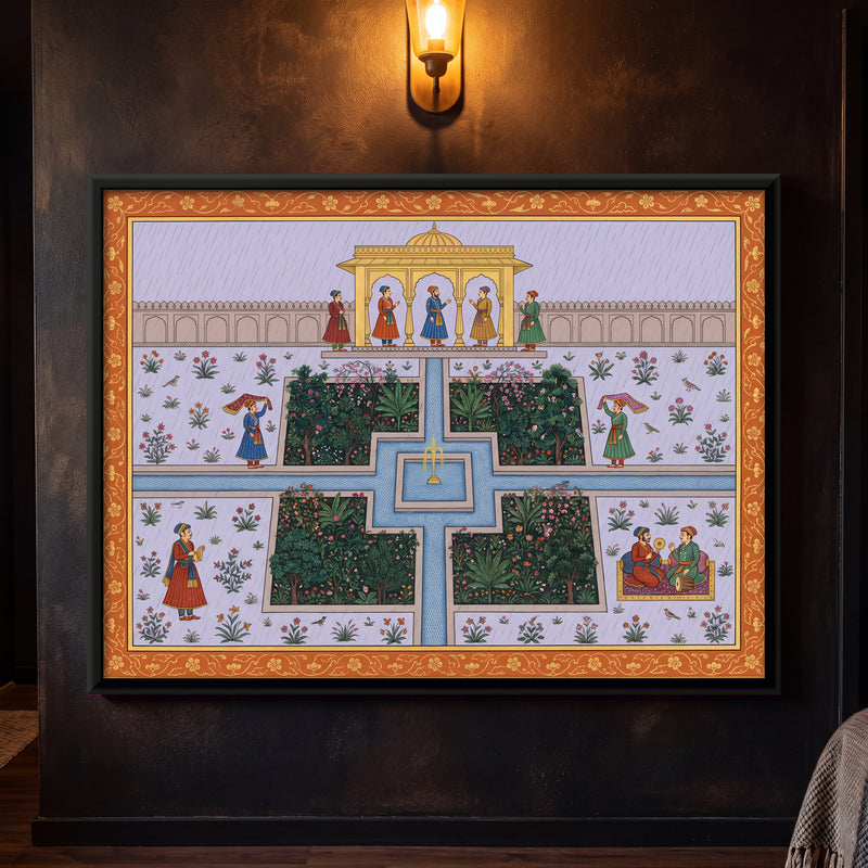 Palace Garden in the Rain - framed canvas art hung on a wall