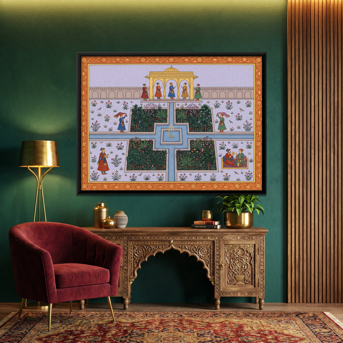 Palace Garden in the Rain - canvas art shown in a styled room