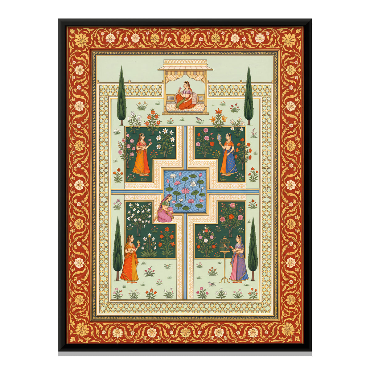 Court Ladies in a Palace Garden - framed canvas print, front view