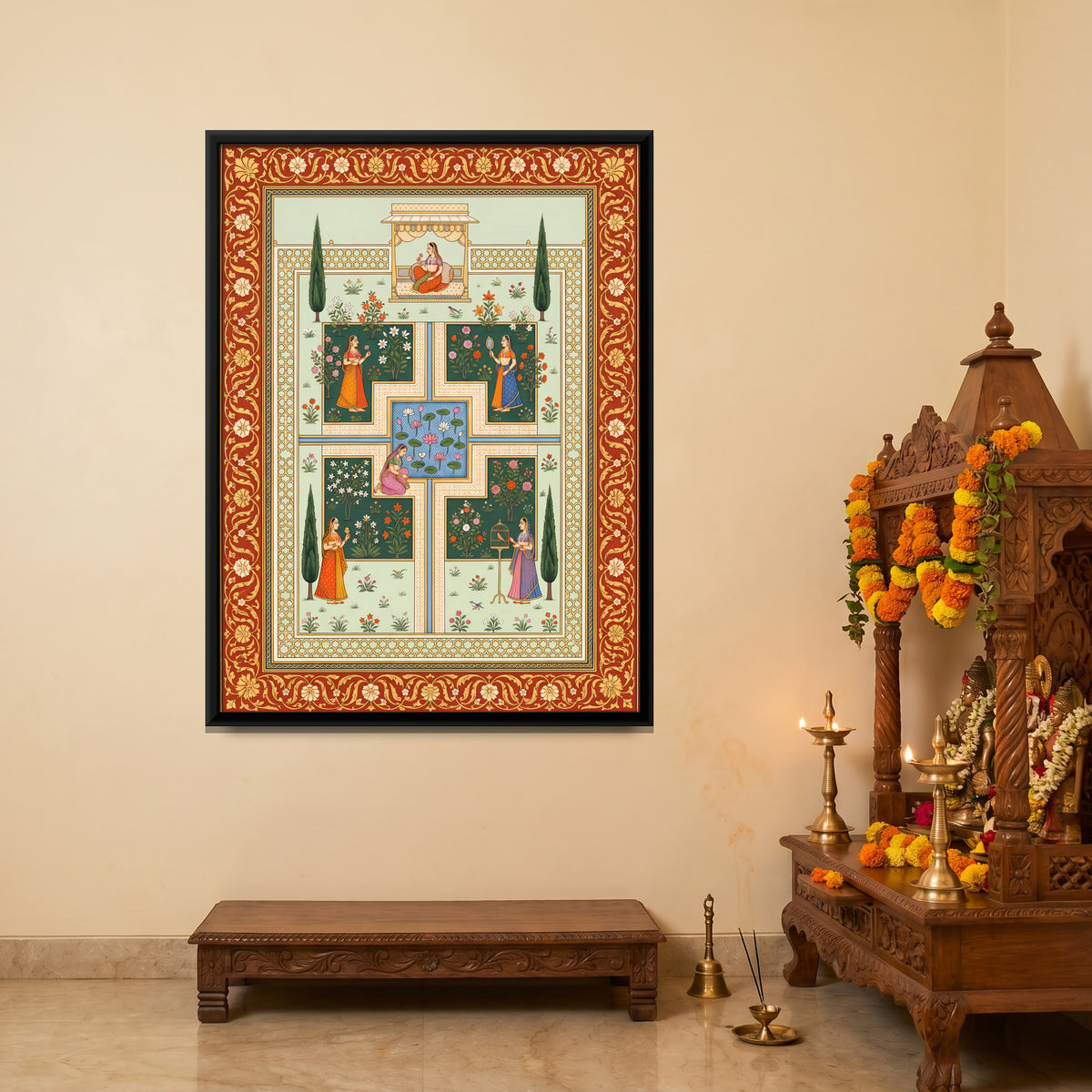 Court Ladies in a Palace Garden - canvas art shown in a styled room