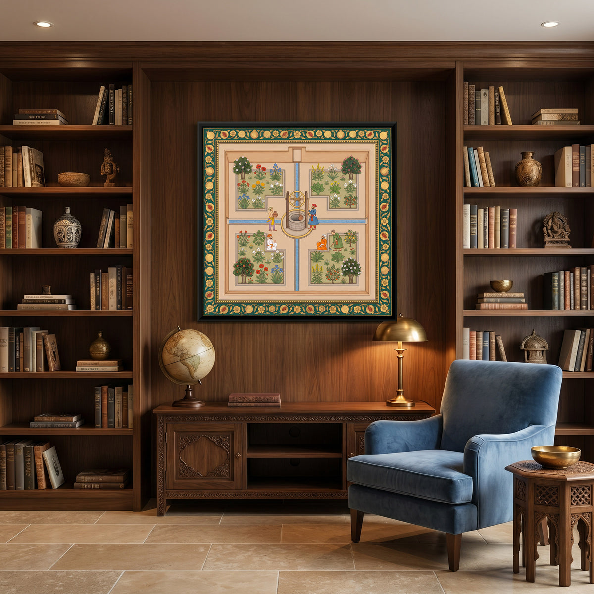 Walled Garden with a Well - canvas art shown in a second room setting