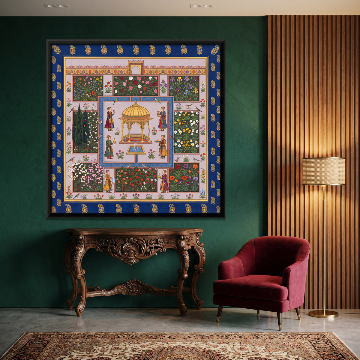 Pavilion in a Flower Garden - canvas art shown in a styled room