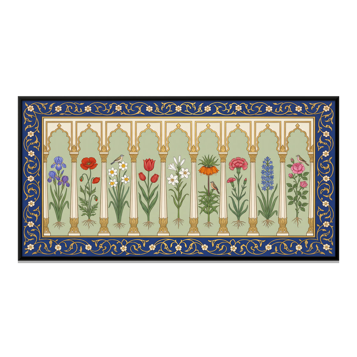 Garden Flowers in Arched Niches - framed canvas print, front view