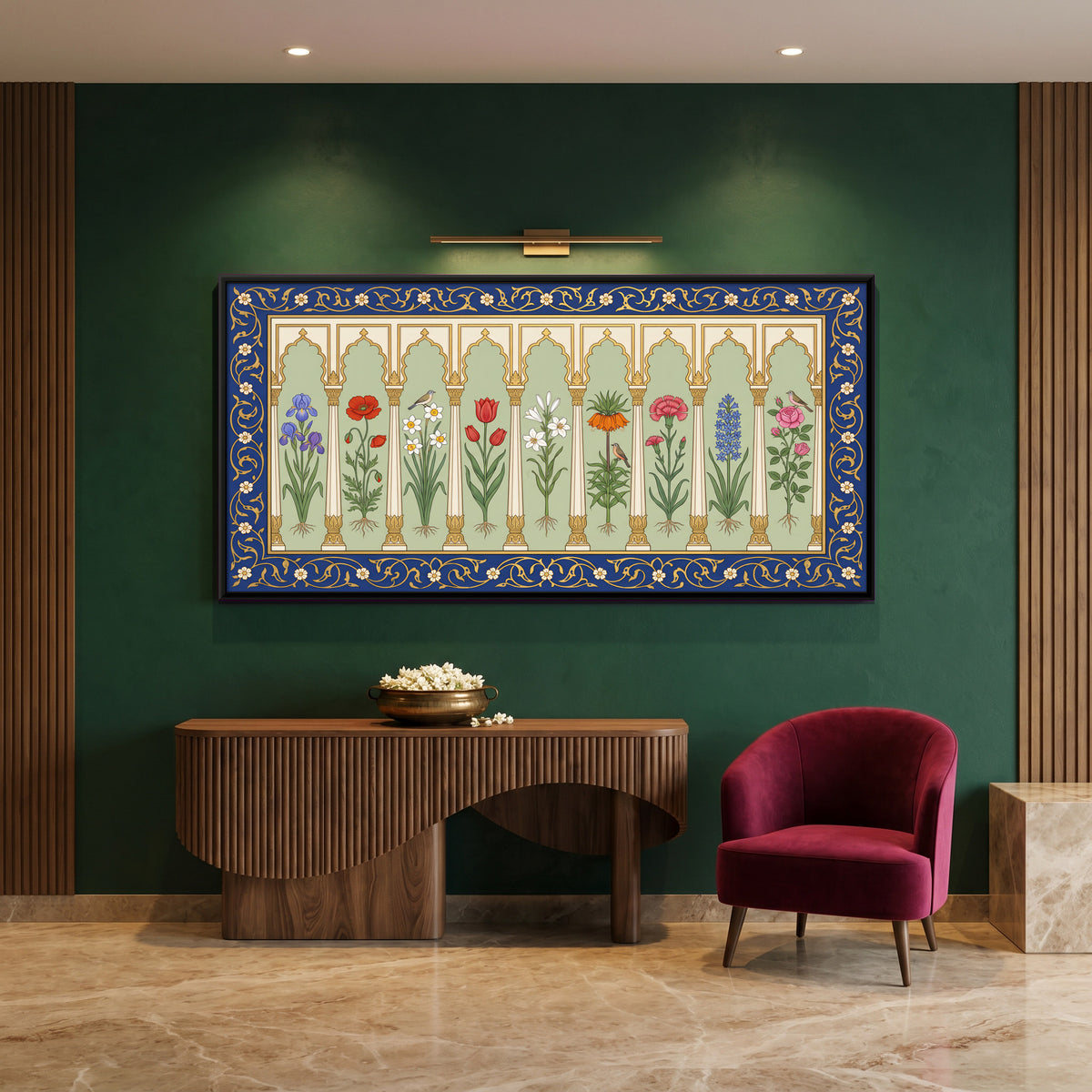 Garden Flowers in Arched Niches - canvas art shown in a styled room