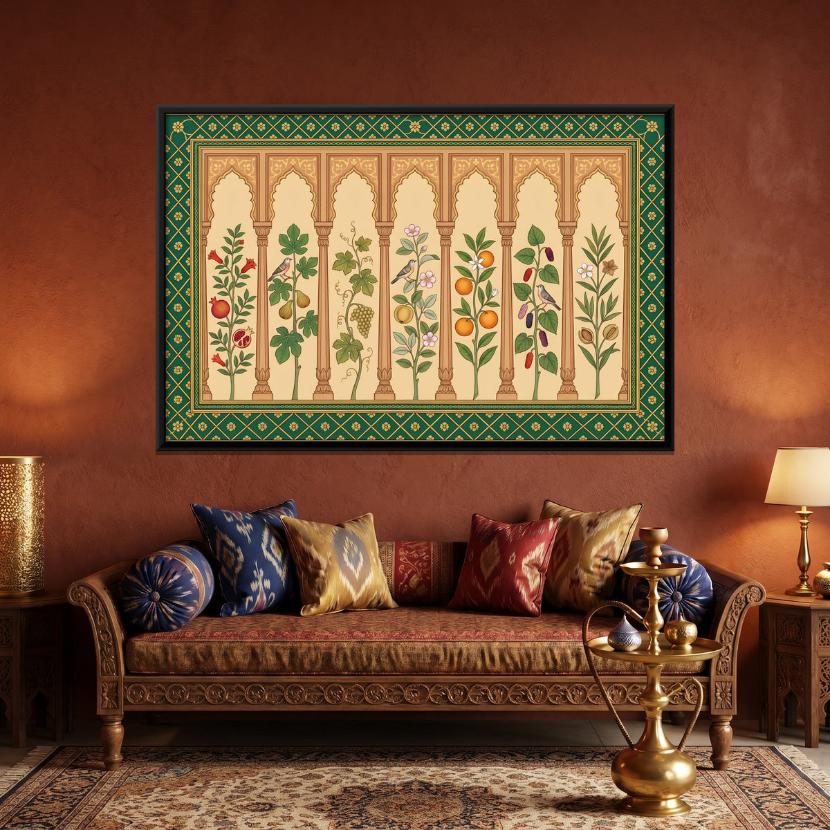 Fruiting Plants Under Arches - canvas art shown in a styled room