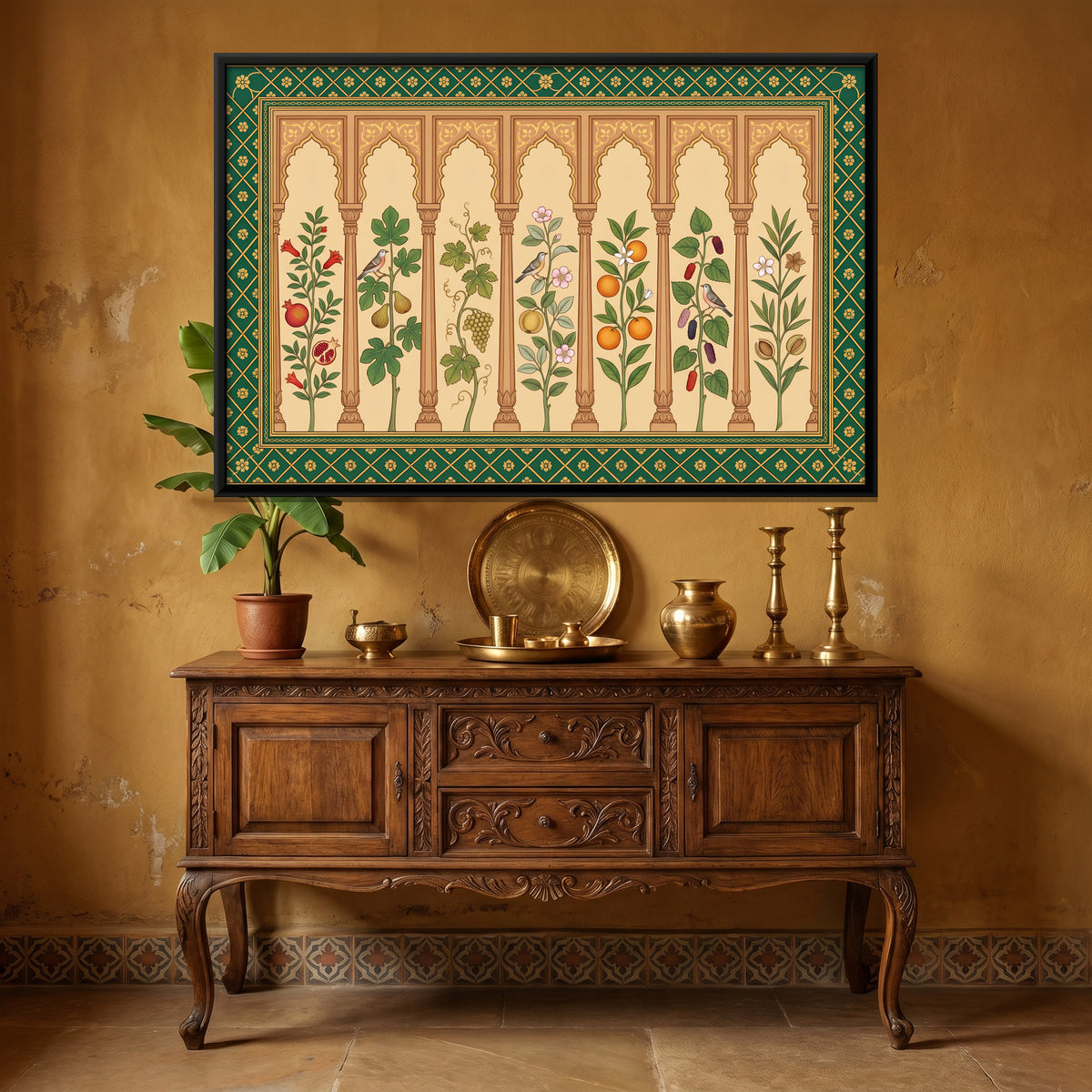 Fruiting Plants Under Arches - canvas art shown in a second room setting