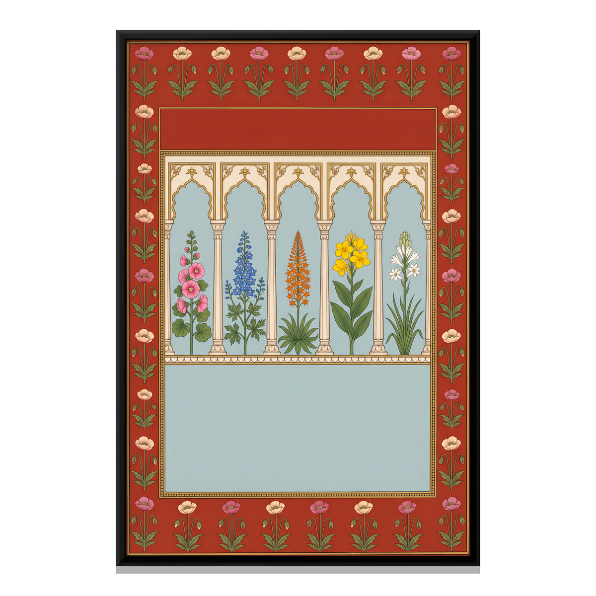 Tall Flowering Plants Under Arches - framed canvas print, front view