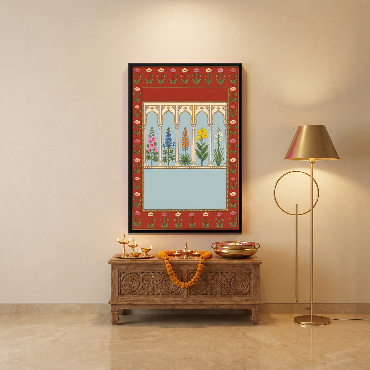 Tall Flowering Plants Under Arches - canvas art shown in a styled room
