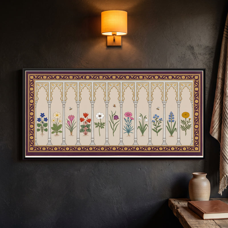 Flowering Plants in an Arcade - framed canvas art hung on a wall