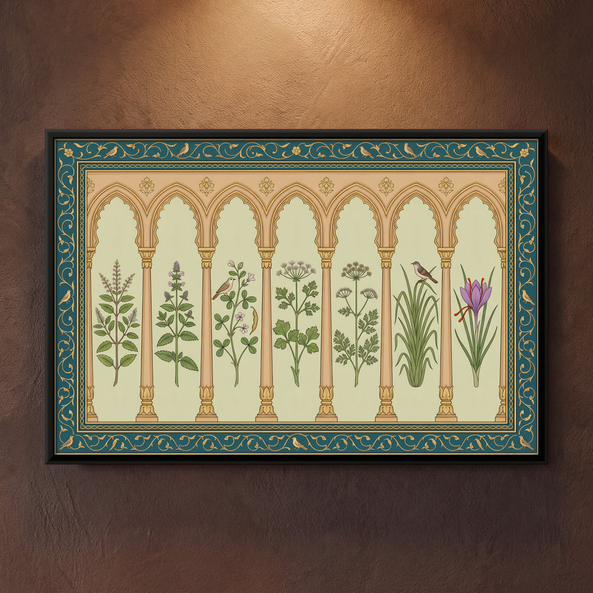 Garden Herbs Under Arches - framed canvas art hung on a wall