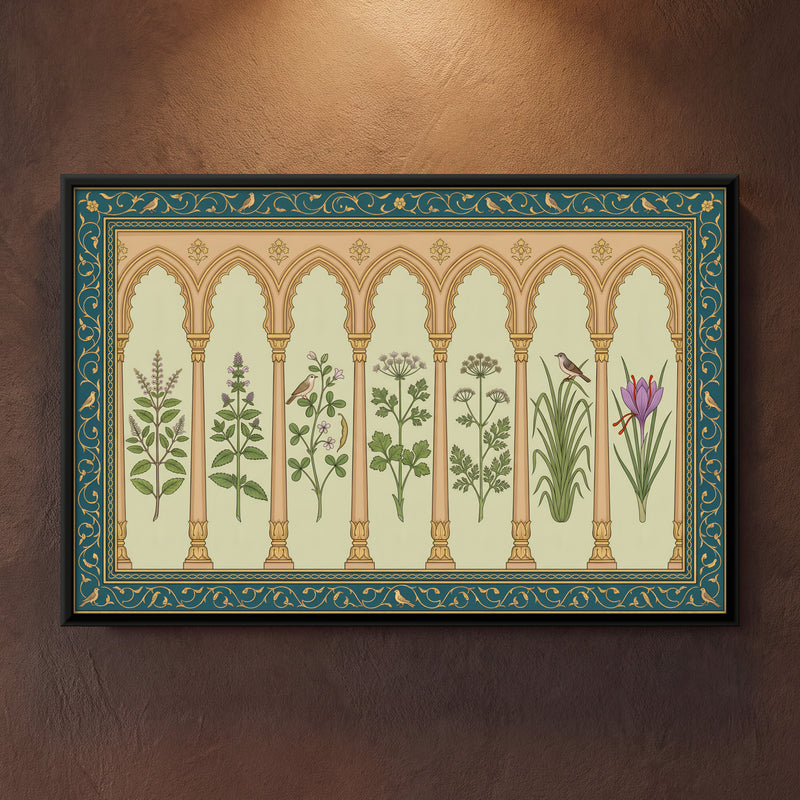 Garden Herbs Under Arches - framed canvas art hung on a wall