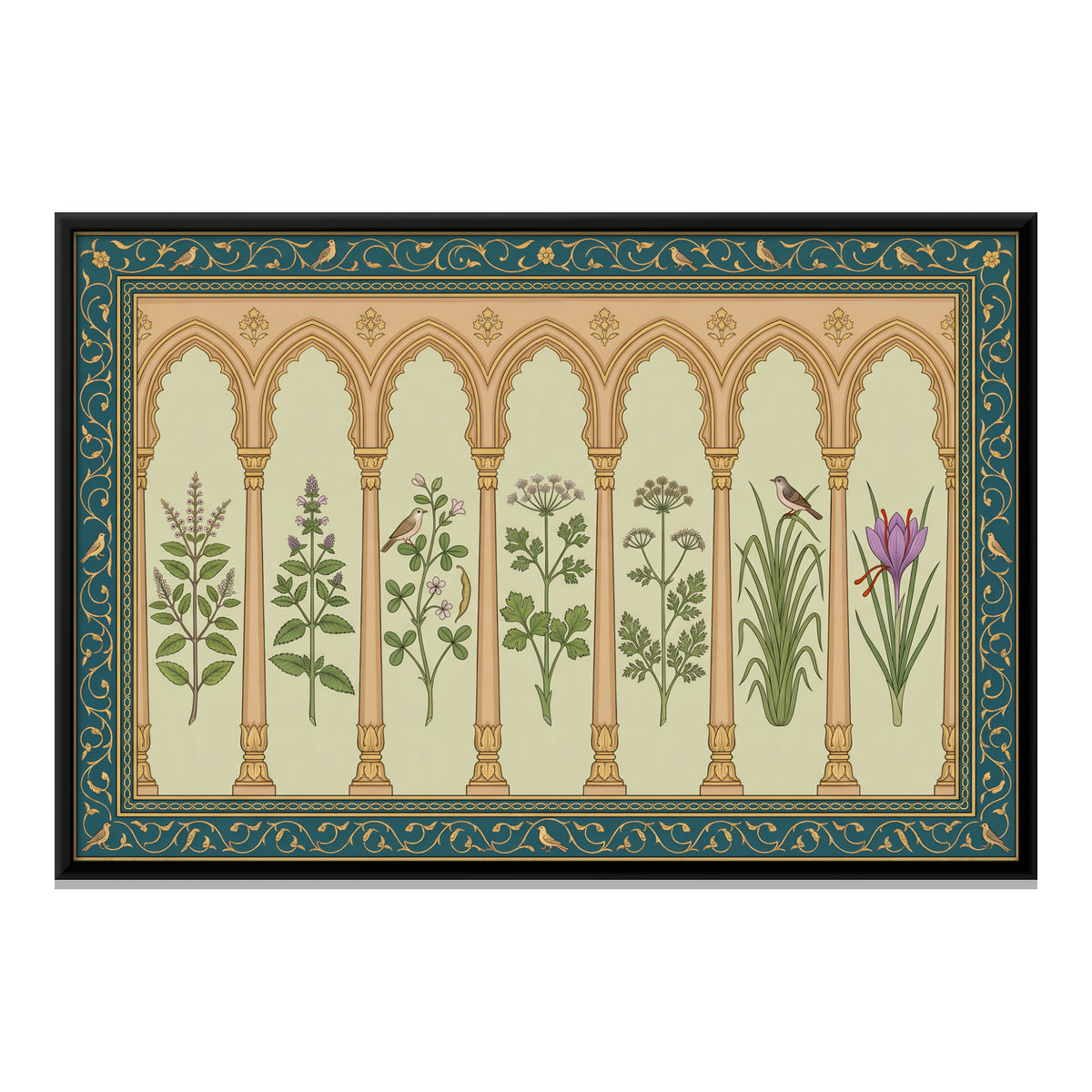 Garden Herbs Under Arches - framed canvas print, front view