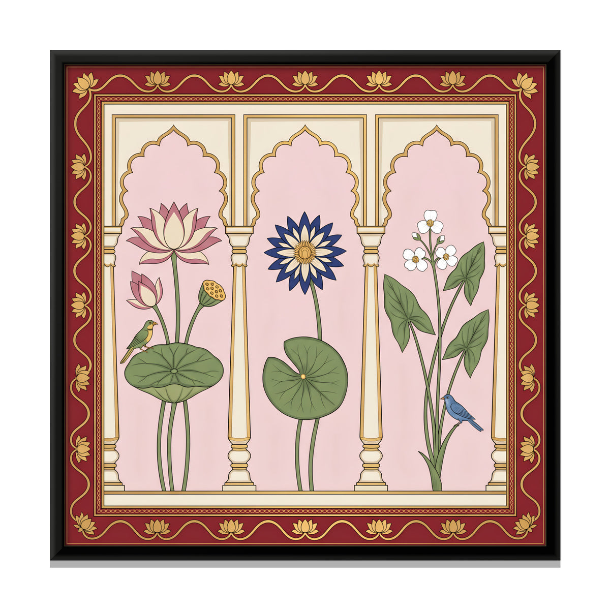 Lotus and Water Lilies in Niches - framed canvas print, front view