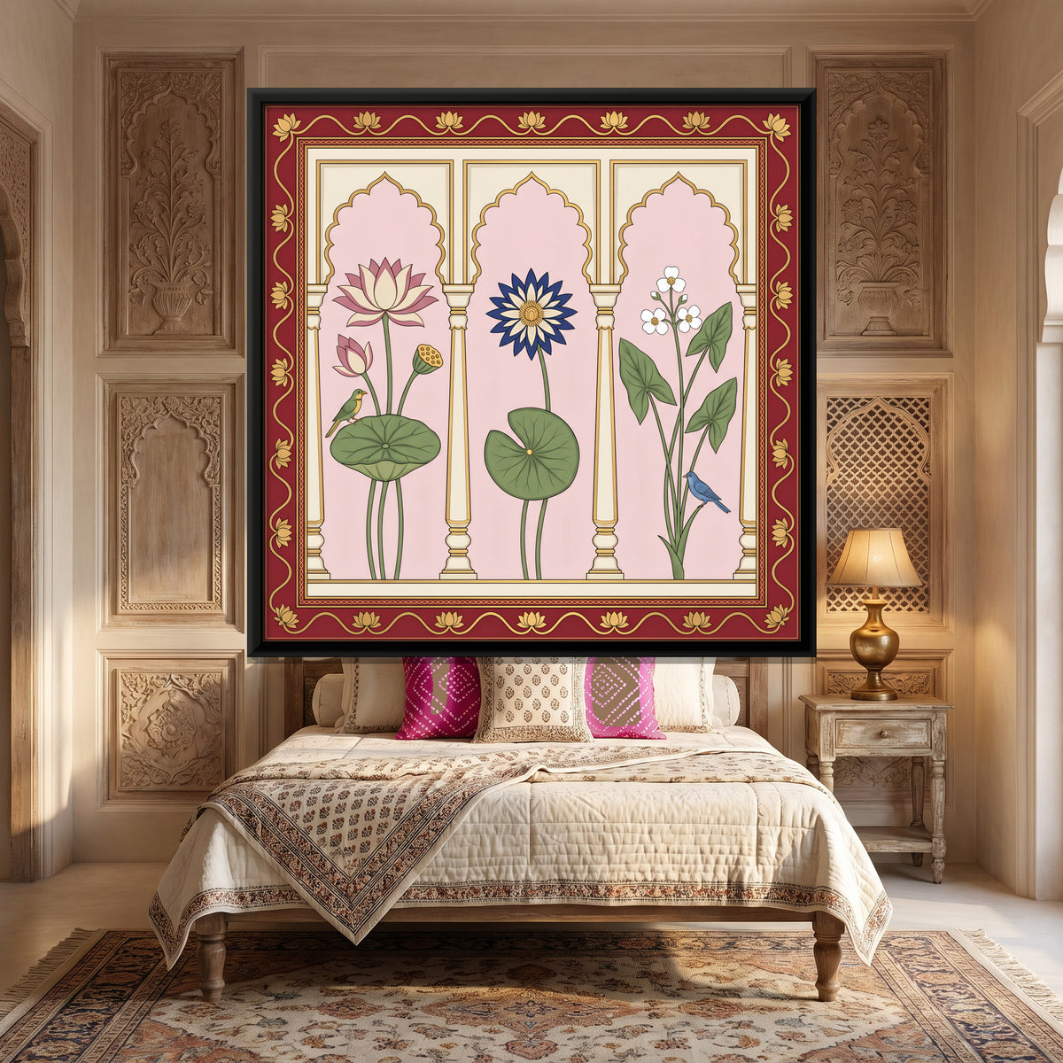 Lotus and Water Lilies in Niches - canvas art shown in a styled room