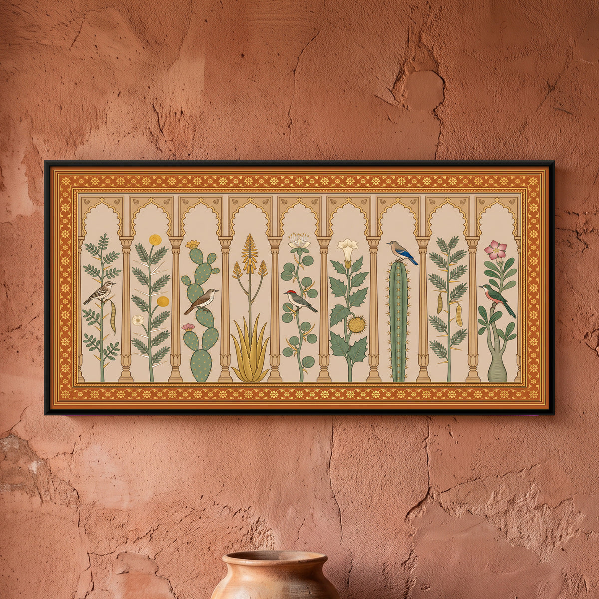 Desert Plants and Birds Under Arches - framed canvas art hung on a wall