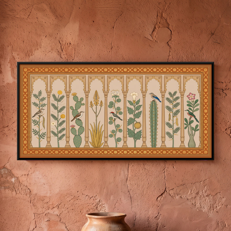 Desert Plants and Birds Under Arches - framed canvas art hung on a wall